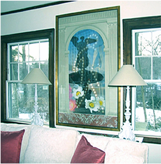 Central Park, Angel of the Waters, Fountain Sculpture in a Classical Arch, with dotted lights traffic signal walking across the view